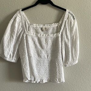 LOFT White Smocked Puff Sleeve Top